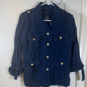 Lucky Brand Linen Navy Blue Rolled Sleeve Buttoned Military Blouse Large #2074